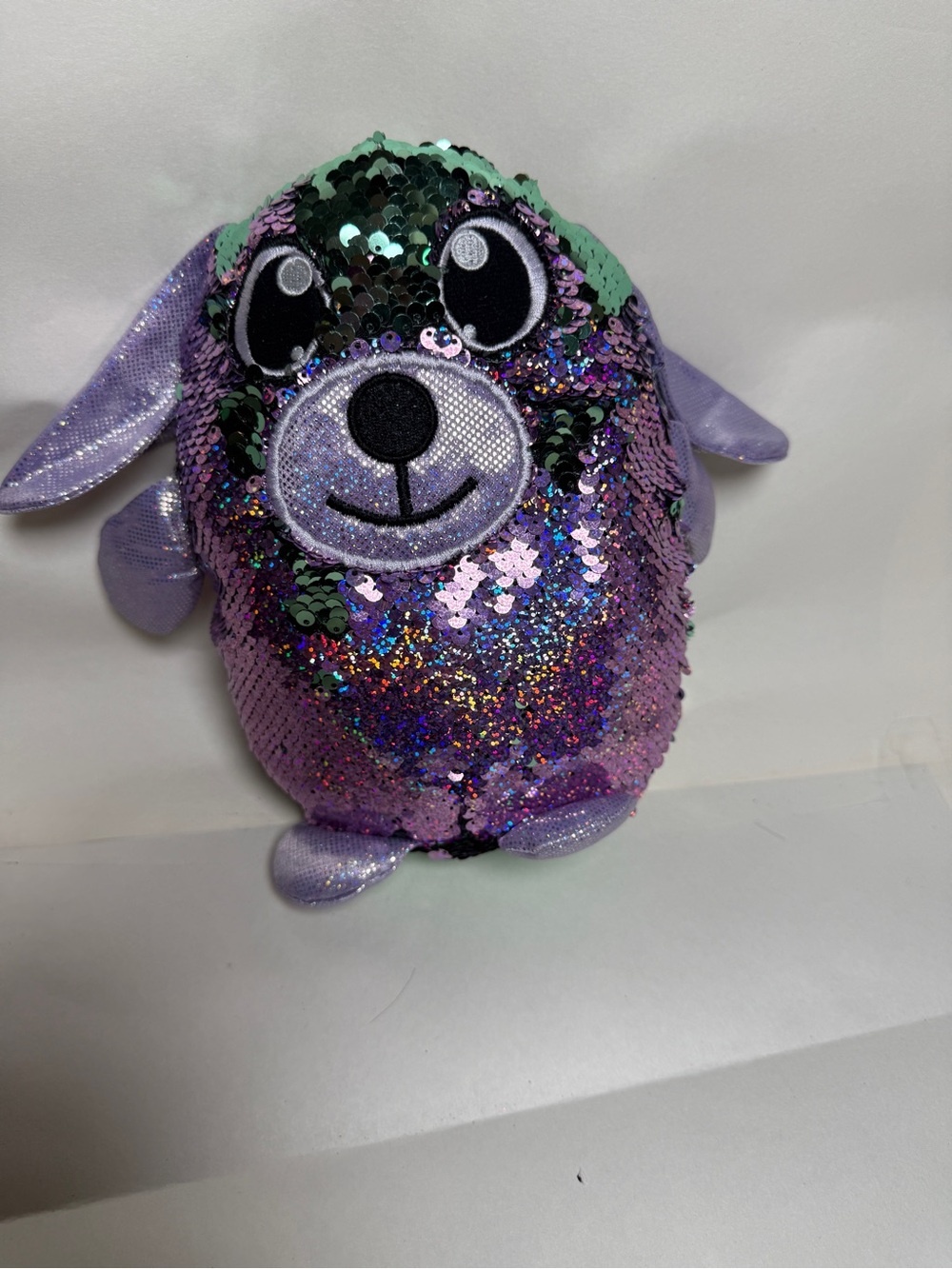 Shimmeez 8 Inch Delilah Dog Plush Reversible Sequin Purple Green Stuffed Animal